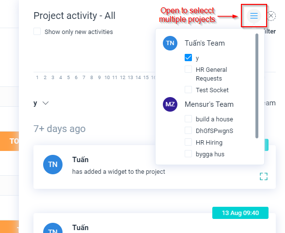 View project activity for multiple projects