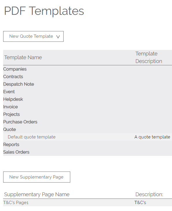 PDF templates list screen in OpenCRM