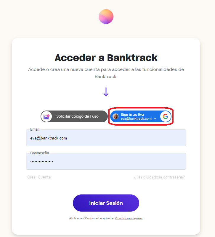 Acceso rápido a Banktrack con tu cuenta vinculada en la pantalla de acceso