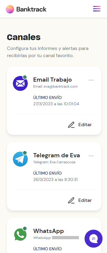 vinculación con telegram en Banktrack
