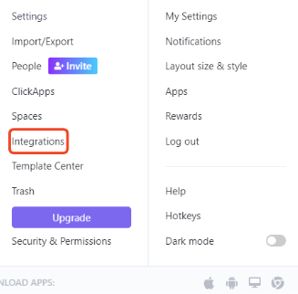 clickup - settings window - integrations