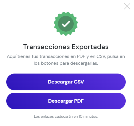 mensaje de proceso para exportar las transacciones y en el que se puede elegir si la versión de CSV o PDF