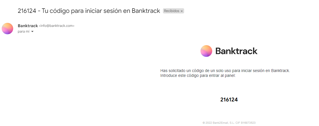 Ejemplo de mensaje que llega al email para iniciar sesión con el código de un uso en Banktrack