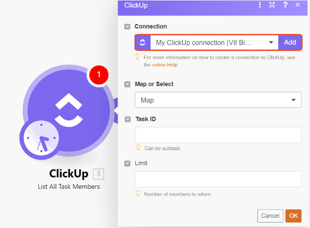 clickup app - detail of connection