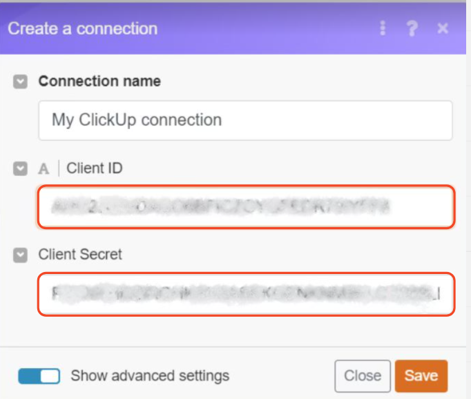 field for entering client ID and client secret