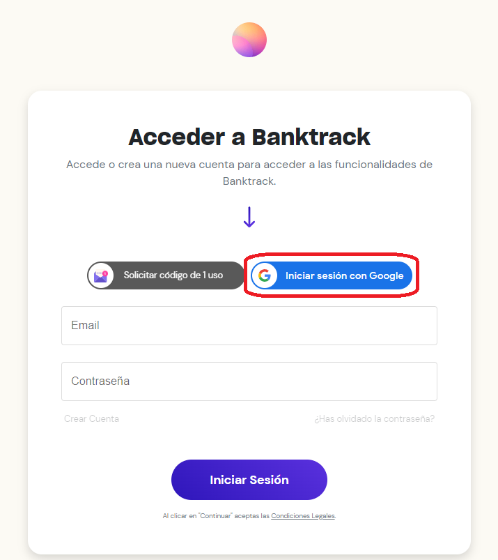 Captura de pantalla para acceder a Banktrack