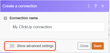 create a connection - show advanced settings button