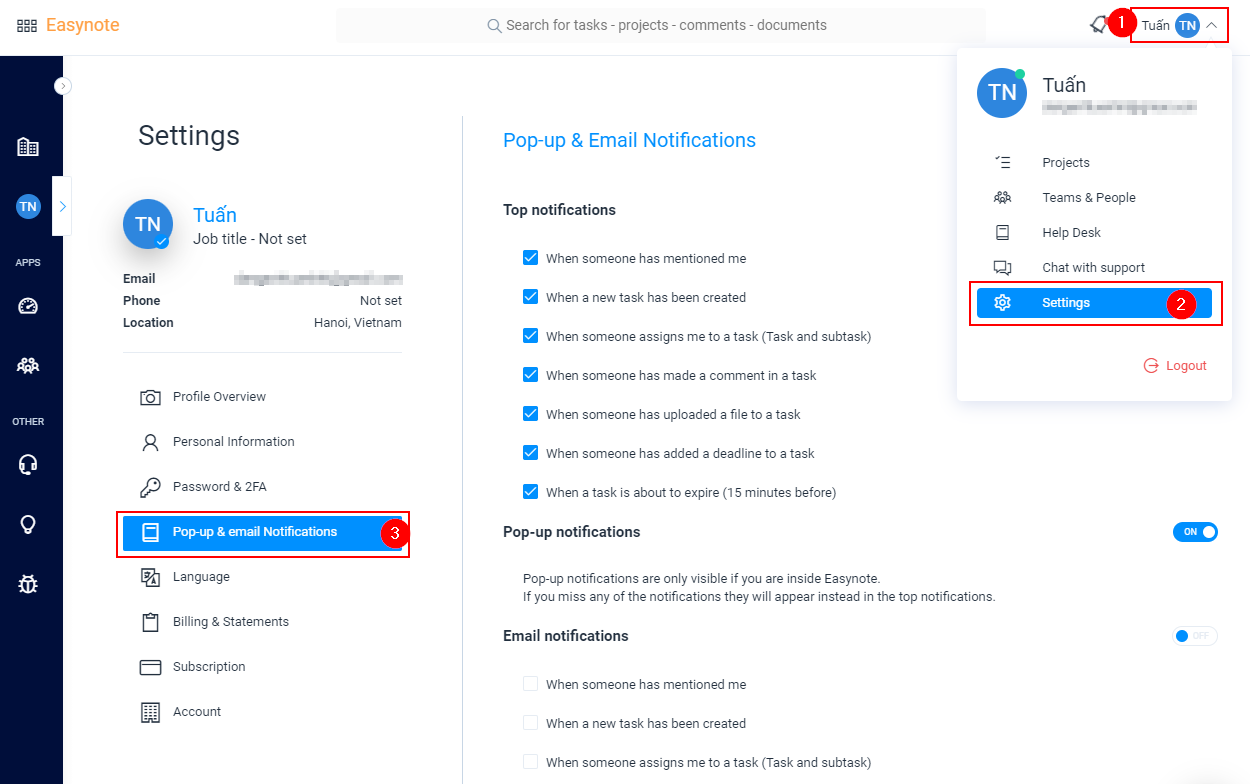 Manage notifications in Easynote